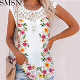 2022 summer printed round neck lace edge casual loose colored cotton women vest