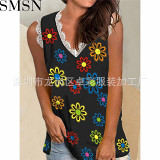Amazon summer new plant flower printed V neck lace edge color cotton vest top