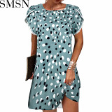 Casual Dress 2022 summer round neck short sleeve loose lace edge ladies floral dress