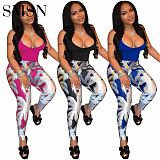 2 piece set women Amazon fashion sexy solid color top and printed pants two-piece set