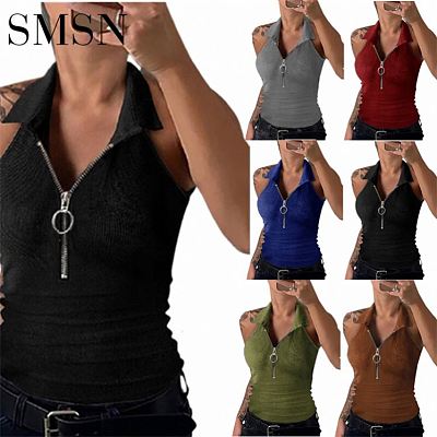 Amazon's new spring and summer pure color pit strip lapel zipper vest fashion casual T-shirt women