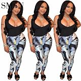 2 piece set women Amazon fashion sexy solid color top and printed pants two-piece set