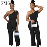 women jumpsuits and rompers Stylish casual one shoulder back invisible zipper sleeveless wide leg jumpsuit