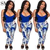 2 piece set women Amazon fashion sexy solid color top and printed pants two-piece set