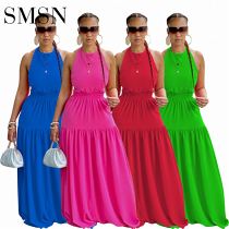 Casual dress Amazon Women's Dress Halter solid color sleeveless sexy back skirt summer