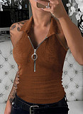Amazon's new spring and summer pure color pit strip lapel zipper vest fashion casual T-shirt women