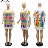 Casual Dress fashion casual printing letter velvet sequined round neck dress