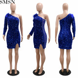 Casual Dress Fashion sexy single shoulder sequins split hip show figure dress