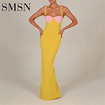 fashion women dress Sexy Spice girl high slit clash-colored dress Female summer 2022 new halter belt low-cut dress