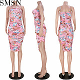 Fashion women dress Amazon pleated elastic strap zipper sexy slit dress
