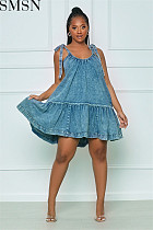 Casual Dress Amazon nightclub solid color denim U neck adjustable lace up dress