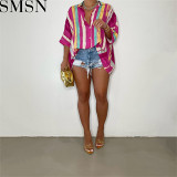 Sexy front short back long fashion casual colorful stripes loose shirt