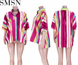 Sexy front short back long fashion casual colorful stripes loose shirt