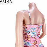 Fashion women dress Amazon pleated elastic strap zipper sexy slit dress