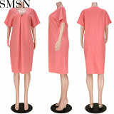 Fashion dress for women loose casual vacation style solid color pleated V neck dress