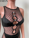 Women jumpsuit 2022 Amazon hot drilling mesh milk silk stitching jumpsuit