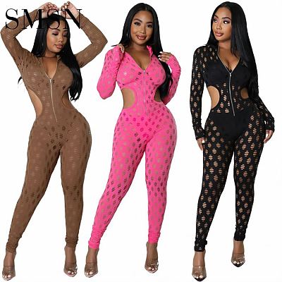 women jumpsuit 2022 Ladies club solid color sexy hole hollow-out waist zipper jumpsuit