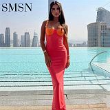 fashion women dress Sexy Spice girl high slit clash-colored dress Female summer 2022 new halter belt low-cut dress