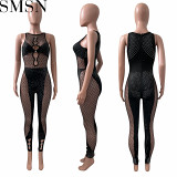 Women jumpsuit 2022 Amazon hot drilling mesh milk silk stitching jumpsuit