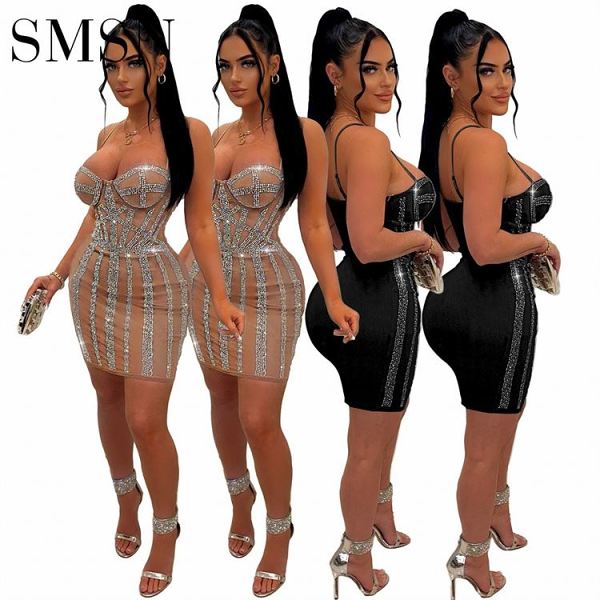 fashion dress for women Amazon new summer sling gauze hot drill night club perspective sexy dress