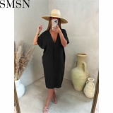 Fashion dress for women loose casual vacation style solid color pleated V neck dress