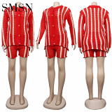 2 Piece Set Women fashion Turtleneck slim cardigan button stripe sweater two-piece set