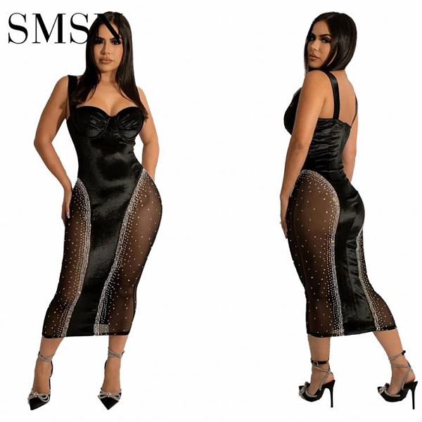 casual dresses women Amazon sexy slim body strap wrap chest see-through ironed diamond nightclub dress