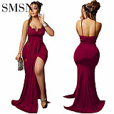 casual dress Fashion solid color elegant sexy V-neck halter halter irregular dress Full skirt dress