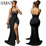 casual dress Fashion solid color elegant sexy V-neck halter halter irregular dress Full skirt dress