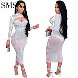 fashion women dress gauze see-through ironed diamond halter belt dress