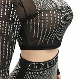Stylish sexy nightclub women's gauze see-through long sleeve dress two-piece skirt set