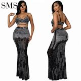 two piece set women clothing New sexy women's nightclub Party gauze see-through halter belt vest long skirt two-piece set
