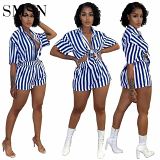 2 Piece Set Women Summer new sexy fashion shorts set button striped shirt two-piece set
