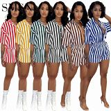 2 Piece Set Women Summer new sexy fashion shorts set button striped shirt two-piece set