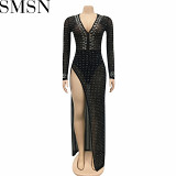 Fashion women dress nightclub hot drilling deep V long sleeve split maxi dress women