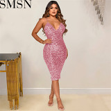 Casual Dress new pure color sequins sexy V neck brace midi dress for women