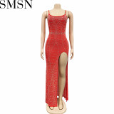 Casual Dress fashion solid color strap irregular rhinestone dress for women