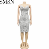 Casual Dress new pure color sequins sexy V neck brace midi dress for women