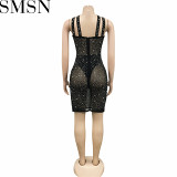 Casual Dress Fashion nightclub rhinestone cross halterneck irregular slit mid skirt dress for women