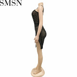 Casual Dress Fashion nightclub rhinestone cross halterneck irregular slit mid skirt dress for women