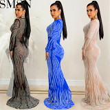 Casual Dress night club style sexy rhinestone mesh see through long sleeve dress