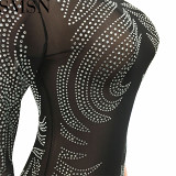 Casual Dress night club style sexy rhinestone mesh see through long sleeve dress