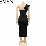 Plus Size DressFashion casual ruffled split one shoulder sleeve dress