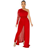 Bodycon Jumpsuit solid color sexy mesh see through one shoulder diagonal collar long sleeve trousers jumpsuit