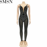 Bodycon Jumpsuit Amazon Fashion nightclub mesh rhinestone see through sling jumpsuit
