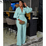 2 Piece Set Women casual printed skinny V neck puff sleeve long sleeve wide leg pants two piece set