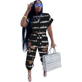 2 Piece Set Women European and American digital printing irregular top lace hole casual two piece suit