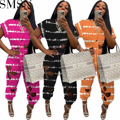 2 Piece Set Women European and American digital printing irregular top lace hole casual two piece suit
