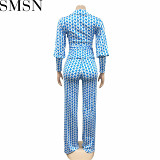 2 Piece Set Women casual printed skinny V neck puff sleeve long sleeve wide leg pants two piece set