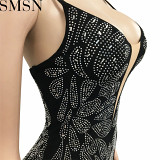 Bodycon Jumpsuit Amazon Fashion nightclub mesh rhinestone see through sling jumpsuit